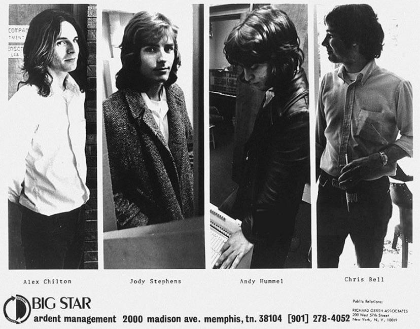 Alex Chilton, Jody Stephens, Andy Hummel, and Chris Bell captured in a promotional shot for Ardent Records.